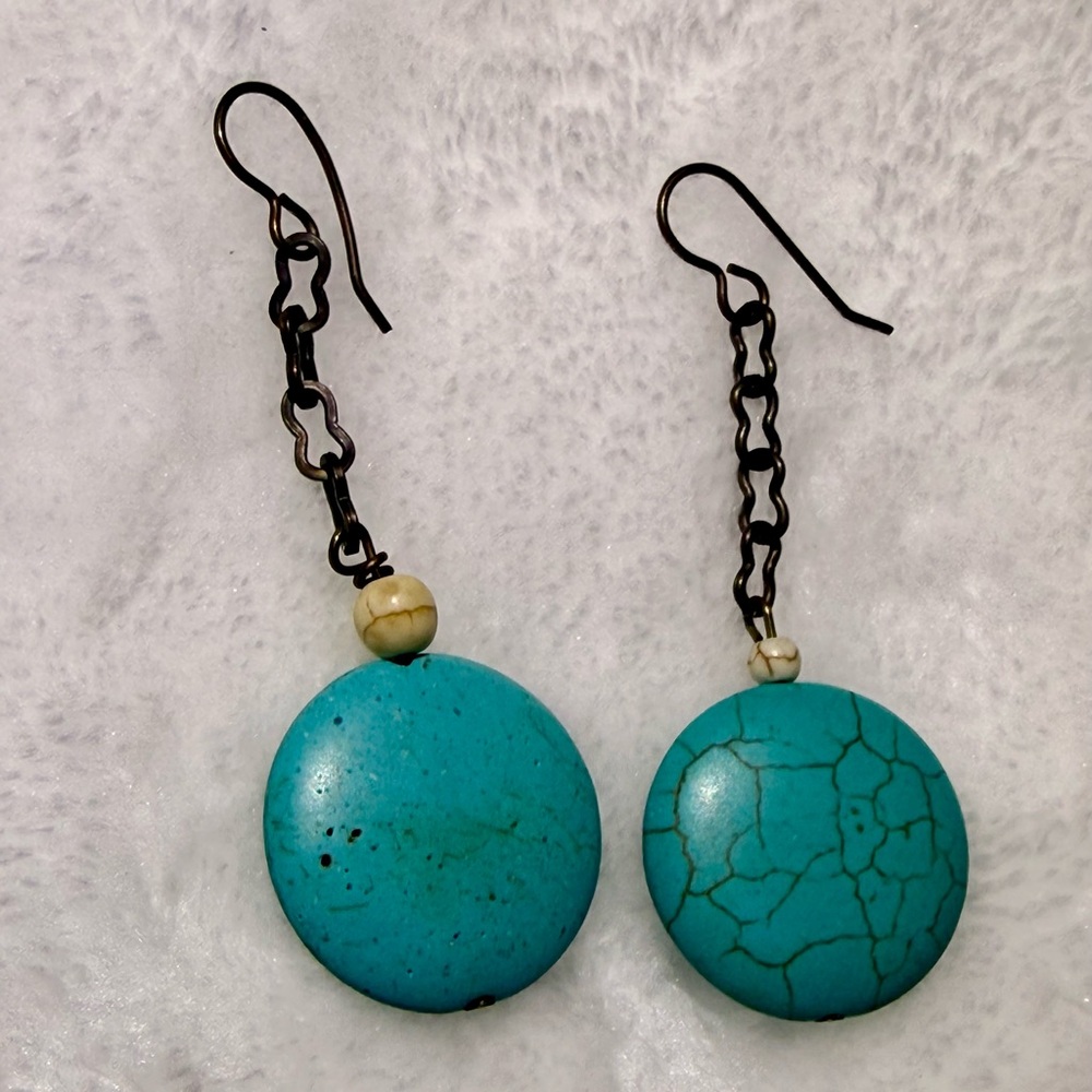 Turquoise Drop Earrings Bronze Chain Fish Hook Closure 2.5” Western